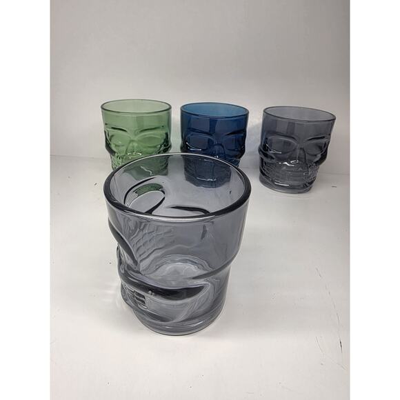 Skull Tumbler Glasses Set of 4 Clear Multicolor Tint Halloween 4" Drink Cups - Picture 3 of 6